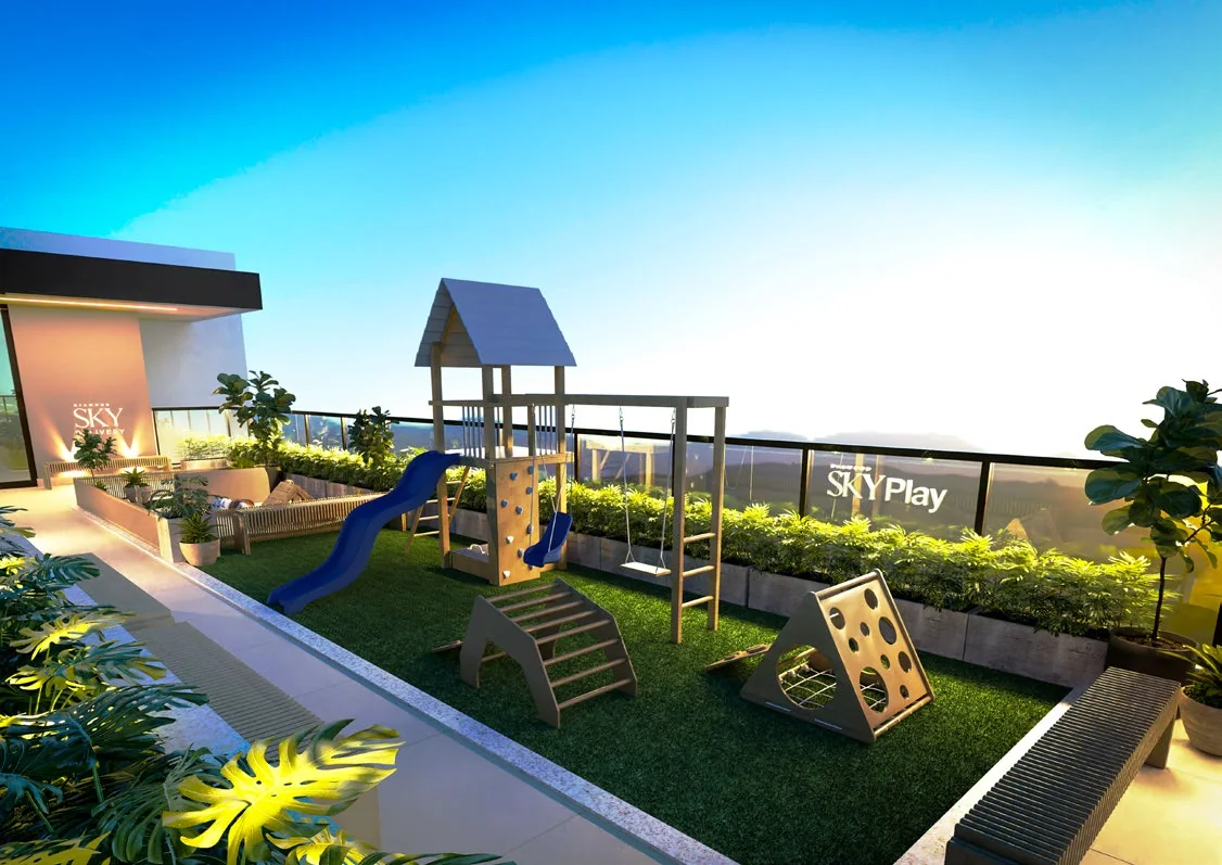 Sky Play, playground com escorregador e brinquedos na cobertura