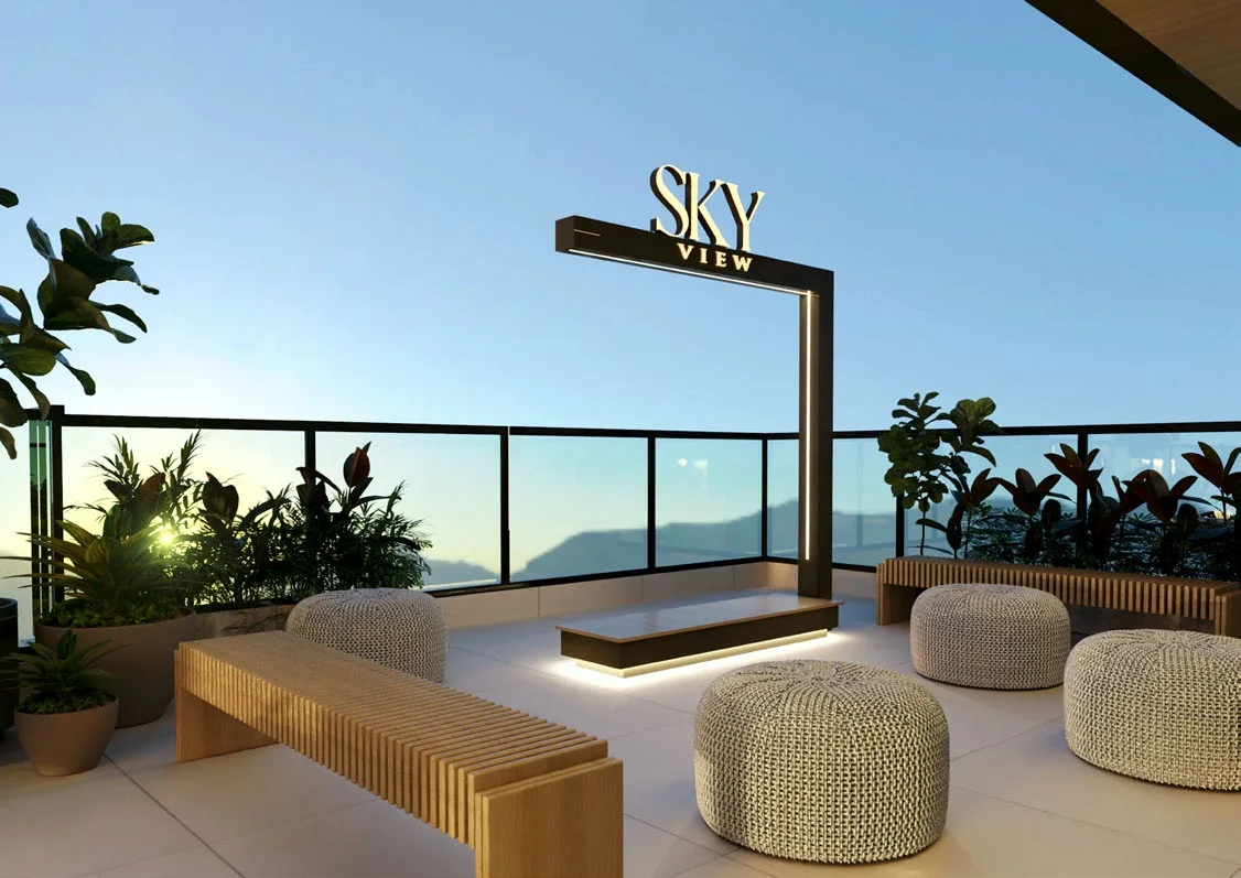 Sky View, mirante panorâmico no rooftop com bancos e pufes
